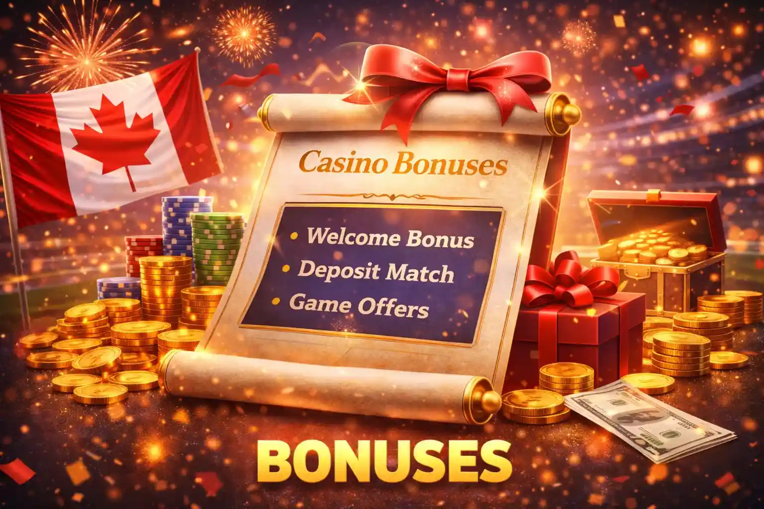 Casino bonuses scroll with coins and Canadian flag