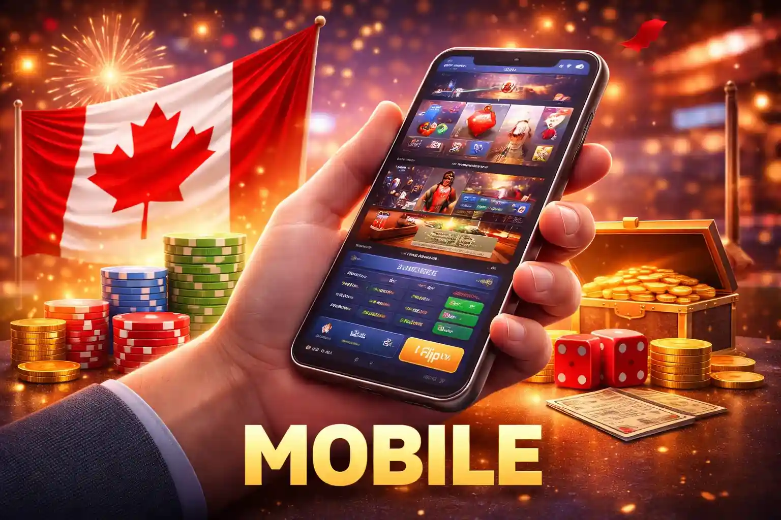 Smartphone casino app with chips and Canadian flag