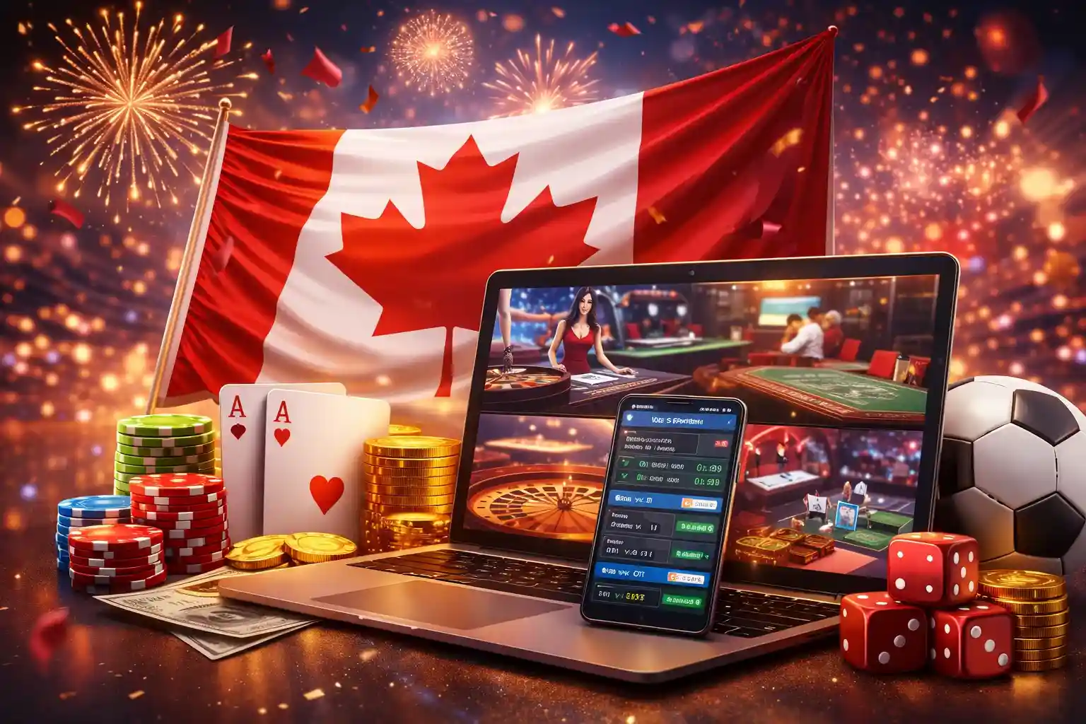 Slot machine jackpot with Canadian flag and gold coins