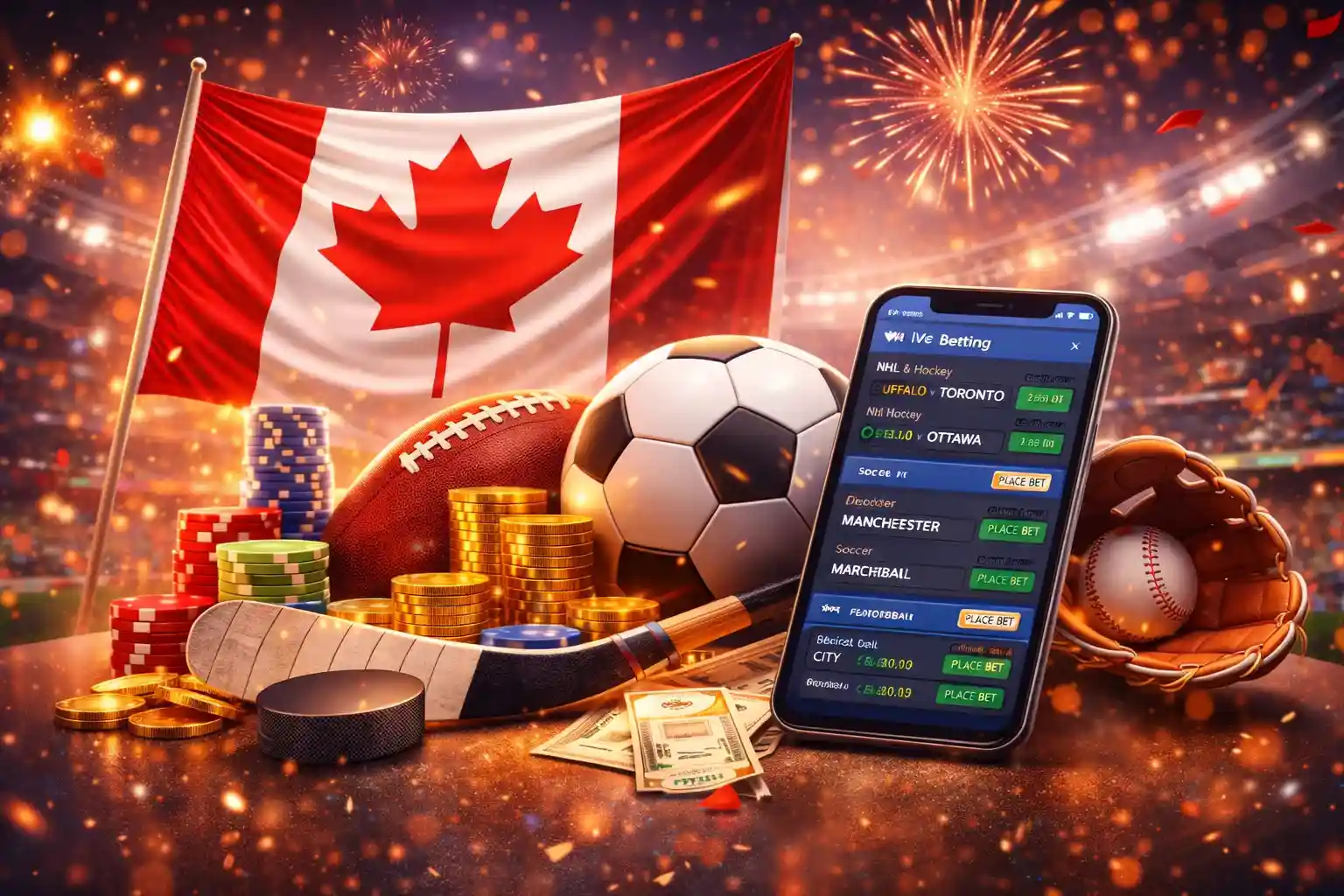 Mobile betting app with sports equipment and Canadian flag